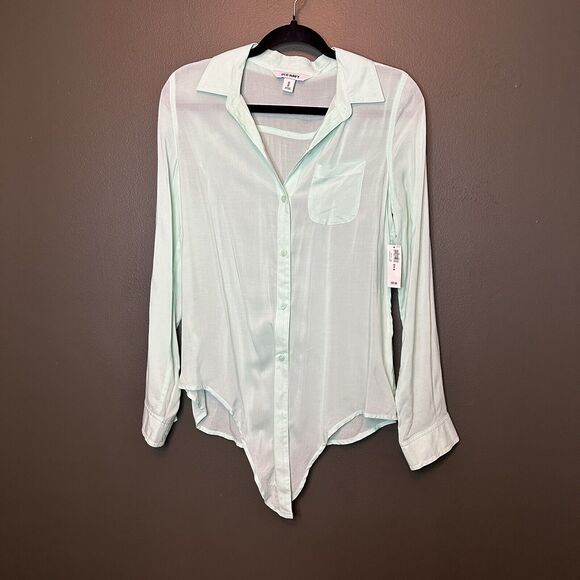 NWT Old Navy Mint Green See Through Tie Front Button Up Blouse XS - Picture 1 of 6